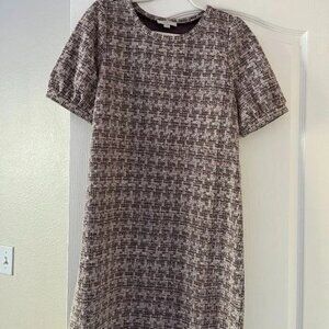 Smocked Puffed Sleeve dress maroon and white blend Loft Outlet